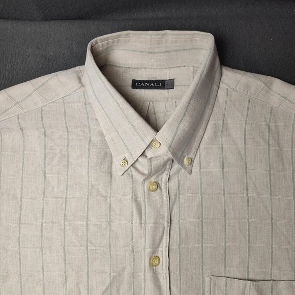 Canali Shirt Mens Large Beige Green Windowpane Button Down Linen Made in Italy - Picture 3 of 13
